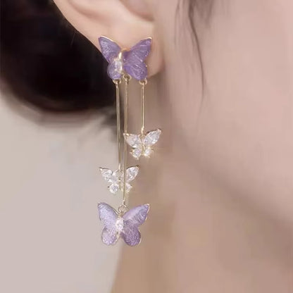 Purple Crystal Butterfly Long Tassel Stud Earrings